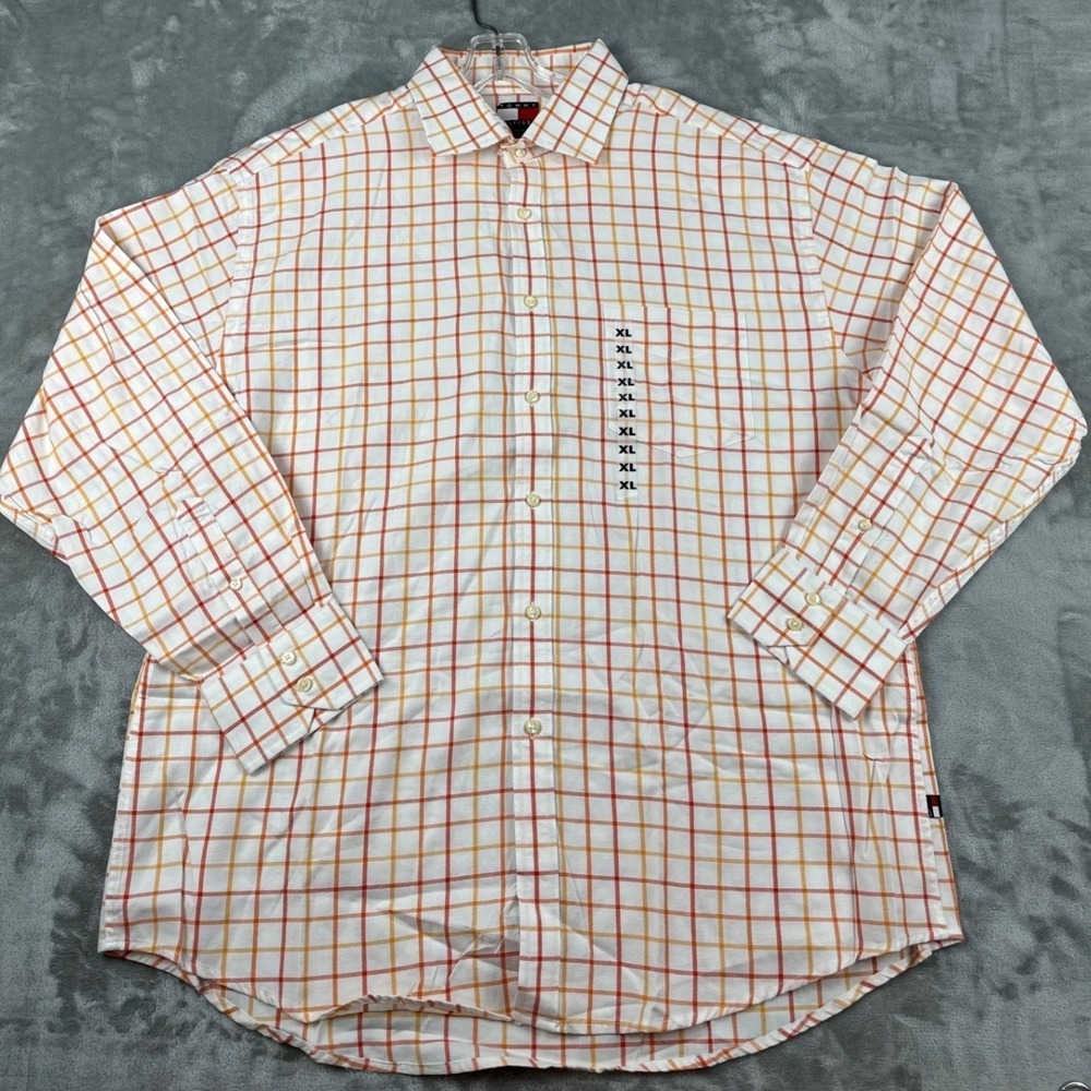 Tommy Hilfiger Mens XL Orange Yellow Windowpane‎ Check Cotton Button Down Shirt
